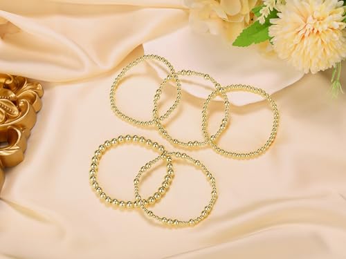 XIANNVXI 5PC Platinum Plated Silver Beaded Bracelet for Women Stretch Elastic Stackable Bead Ball Bracelet Trendy Set Women Dainty Jewelry - color: Gold C