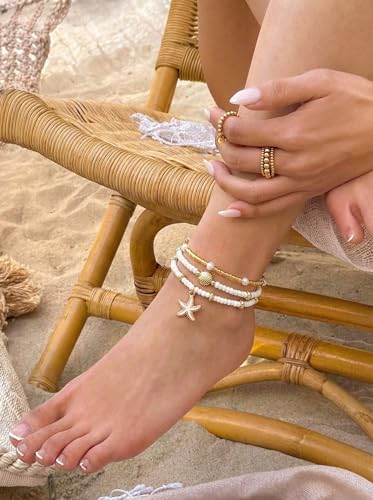 Starfish Seashell Ankle for Women ，14K Gold Bead Handmade Adjustable Plated Boho Shell Anklet ， Foot Chain Jewelry for Summer Beach Vacation - color: White Starfish 3PcS