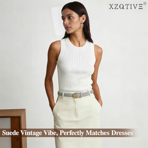 XZQTIVE Women’s Braided Suede Belt – Adjustable Woven Waist Belt with Gold Buckle for Dresses, Jeans & Casual Outfits - color: Grey, size: Large: fits waist from 37"-41"