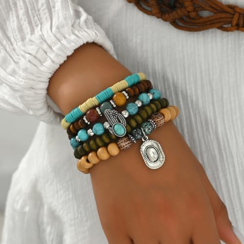 Western Turquoise Beaded Bracelet Stack - Vintage Cowgirl Stretch Set with Bull Skull, Feather & Boot Charms, Handmade Boho Jewelry for Rodeo, Country Concerts & Casual Western Outfits - style: Hat