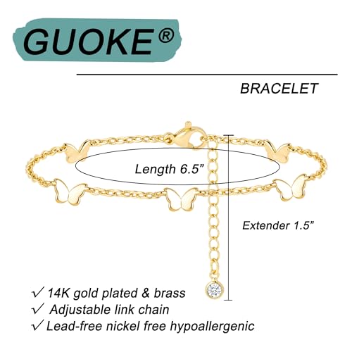 Gold Bracelets for Women 14K Gold Plated Flower/Clover/Butterfly/Heart Bracelet Adjustable Dainty Hypoallergenic Jewelry Gift - color: butterfly gold