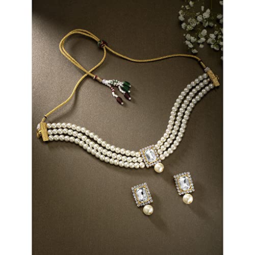Aheli Ethnic Choker Necklace Earrings Wedding Bollywood Party Jewelry Set Gift for Women - color: White 2