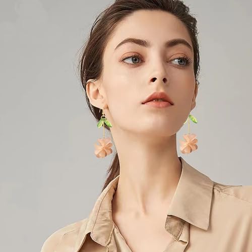 Resin Flower Cluster Ball Dangle Drop Earrings for Women Spring Summer Bohemian Floral Petal with Green Leaf Earrings Vacation Party Jewelry - color: Light Orange