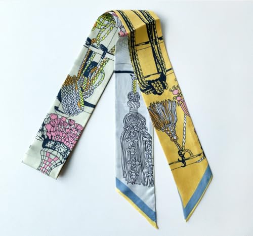 JERLA 100% Mulberry silk Scarf bag scarf Head Hair Ribbon Handbag Handle wrap Tie Bundle Neckerchief Scarf for women - color: Curtain Tassel Yellow