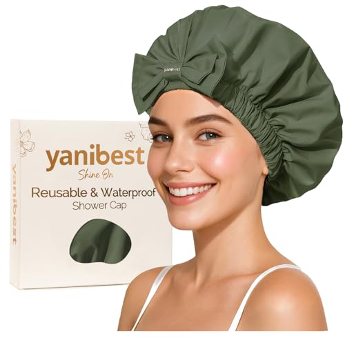 Yanibest Shower Cap Reusable Waterproof, Wide Elastic Band Bath Cap - Comfortable & Durable Bath Hair Hat for Women - color: Green