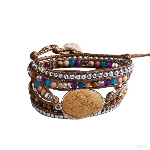 Women Wrap Bracelet Boho Natural Jasper Crystal Stone Beads Strand Bracelets - color: Picture Stone