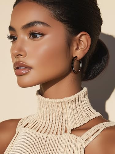 Stainless Steel Chunky Hoop Earrings For Women, Minimalist and Chic, Black/Gold Plated, Round Hoops Earrings Hypoallergenic, Size: 30mm/40mm/60mm/80mm, Come with Box - color: 1. Black, size: 30MM