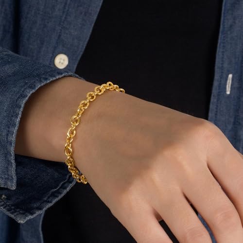 Dankadi 925 Sterling Silver Classic Round Cable Wire Link Bracelet Women Cuban Curb Oval Belcher Link Chain 5.9 to 9 in For Men 24k Gold Plated Cuff Jewelry Gift - color: 6MM Gold, size: 6.7inch
