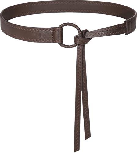 Knotted Waist Belt for Women PU Leather Thin Strap Belt for Dresses - color: Coffee