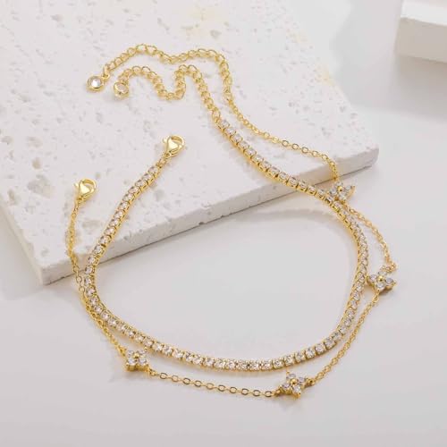RLMOON Gold Silver Anklets for Women CZ Ankle Bracelet 14K Gold Plated Waterproof Layered Stackable Clover Butterfly Tennis Chain Anklet Trendy Summer Beach Foot Jewelry - color: A-Flower&Tennis Anklet-Gold