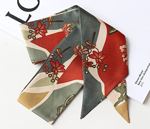 JERLA 100% Mulberry silk Scarf bag scarf Head Hair Ribbon Handbag Handle wrap Tie Bundle Neckerchief Scarf for women - color: Flower Blue and Red