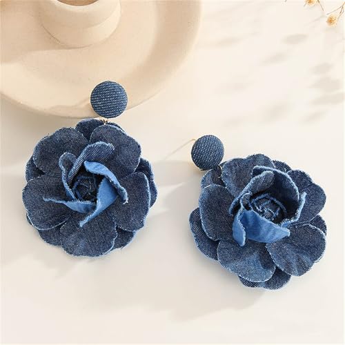 coadipress Boho Denim Camellia Flower Dangle Earrings for Women Exaggerated Big Layered Tiered Blossom Floral Drop Long Earring Chic Statement Earrings Wedding Bridal Jewelry Gifts - style: Flower Dark Blue