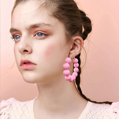 Summer Candy Colored Bead Earrings Lightweight Dainty Acrylic Geometry Hoop Earrings for Women Cute Boho Chic Handmade Jewelry - color: Pink