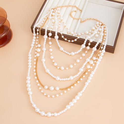 Layered Pearl Necklaces for Women Big Pearl Long Chain Necklace Dainty Faux Pearl Necklaces Statement Sweater Strand Chain Jewelry - style: White