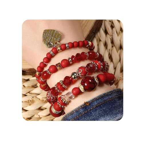 Women Beaded Bracelet Set | Colorful Boho Stackable Trendy Design with Crystal Accents Multilayer Bangle Bracelet | Fashion Stretch Braclets Jewelry for Women - color: Dark Red