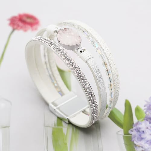 Boho Leather Wrap Bracelets Bohemian Crystal Bracelets Trendy Layered Bracelet with Magnetic Clasp Jewelry Gifts for Women - color: White