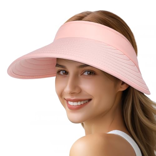 Sun Hats for Women - Wide Brim Sun Visor Hat for Women, UPF50+ Lightweight Foldable Ponytail Sports Cap - color: Pink