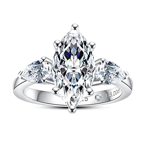AnuClub Round/Emerald/Marquise Cut Moissanite 3 Stones Engagement Rings D Color VVS1 Round Cut 925 Sterling Silver Anniversary Wedding Promise Rings for Women - color: 3.5cttw Marquise Cut