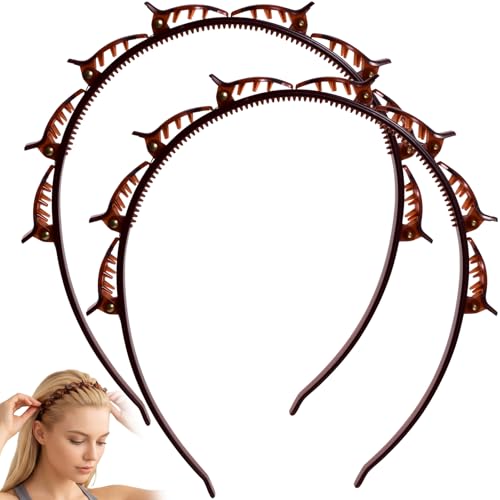 2 Pcs Headband with Clips, 90s Butterfly Hair Clips Headband with Teeth for Women, Braided Weave Bangs Non-Slip Clip Headbands Hair Accessories for Styling Decoration- Light Brown, Light Brown - color: 2 Pcs Light Brown