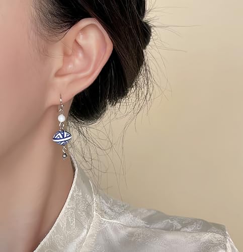 Boho Earrings for Women Natural Stone Beaded Handmade Vintage Dangle Earrings Bohemian Lightweight Hypoallergenic Jewelry for Dailywear Festival Occasions - color: Blue and white porcelain