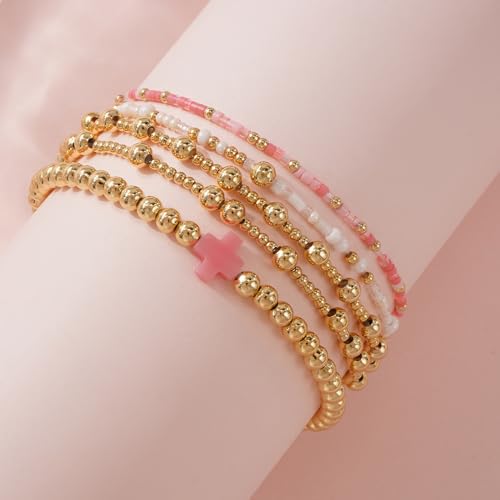 14K Gold Plated Beaded Bracelets Stack Set for Women,Stretch Boho Colorful Beads Ball Jewelry Friendship Summer Trendy - color: Pink cross