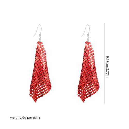 Sequin Earrings for Women Metal Mesh Grid Sequins Tassel Long Drop Dangle Earrings Trendy Charms Bridal Wedding Jewelry - color: Red