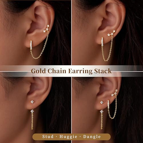 3 Pairs Dainty Small 4th of July Earrings for Women Trendy, Birthstone Stud Huggie Hoop Jacket Stack for Cartilage Helix, Gold Plated Hypoallergenic Cute Women Fashion Accessories Western Jewelry Gifts - color: Gold Plated Chain