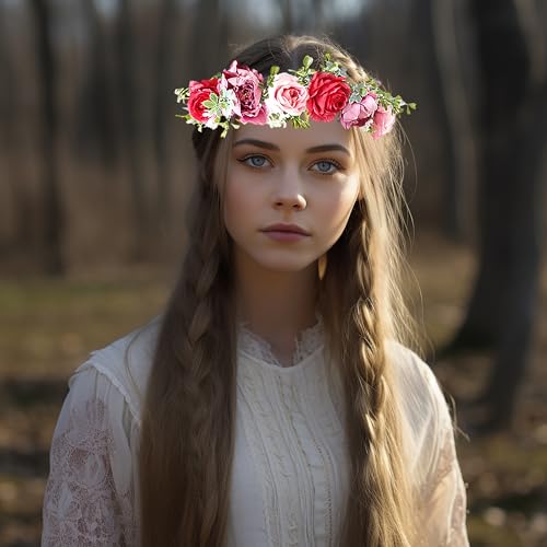 Vivivalue Fairy Flower Crown Floral Headband Even Headpiece Woodland Forest Elf Circlet for Women Wedding Bridal Halloween Cosplay Photo Shoot Accessory Red - color: 4