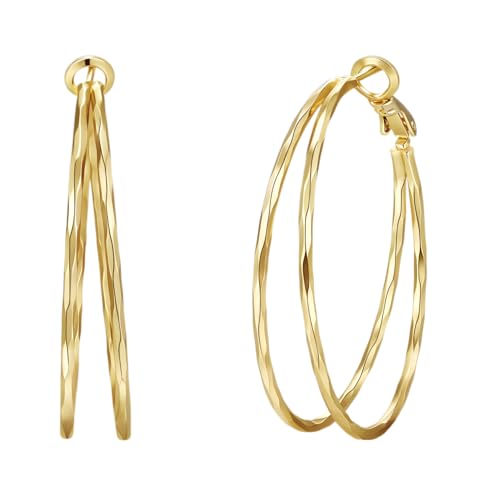 Diamond-Cut Double Hoop Earrings for Women 14k Gold Plated 925 Sterling Silver Posts Lightweight Hypoallergenic Split Hoop Earrings Trendy Jewelry Gifts for Women - color: GOLD