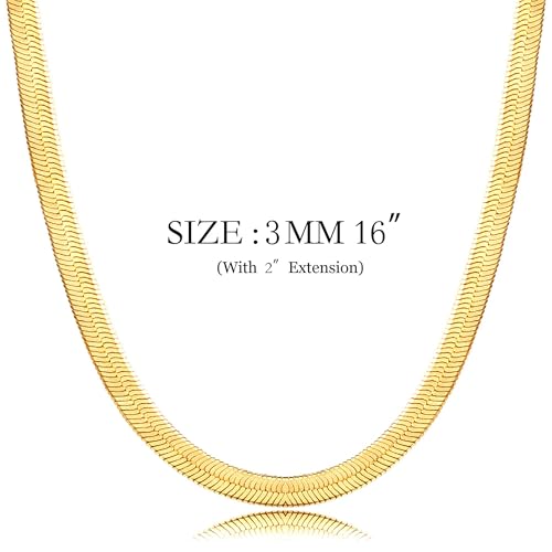 NECOCY 14K Gold Plated Necklaces for Women, Dainty Gold Herringbone Choker Necklace Thin Layered Snake Chain Jewelry for Gifts - color: 3MM 16"-GD Herringbone Necklace