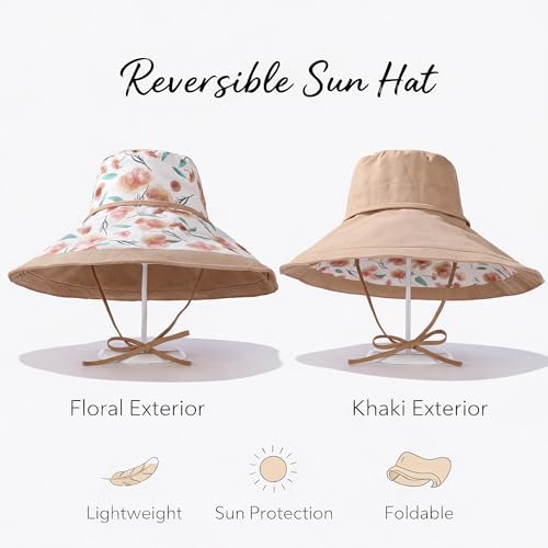 Wide Brim Sun Hat for Women Reversible Beach Hats Metal Wired Edge Gardening Hats, UPF 50+ Bucket Summer Hat - color: Khaki