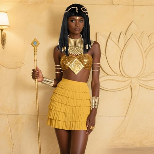 Yunlly 6 Pcs Egyptian Queen Costume Set for Women Black Braided Wig Gold Snake Headpiece Bib Necklace Choker Set Face Veil Arm Cuffs for Halloween