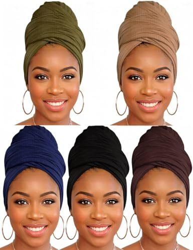Head Wraps for Black Women, Breathable Headwrap Soft Long Hair Wraps Wide Headscarves for Locs Braids - color: 5pcs-(black,army Green,brown,camel,navy Blue)