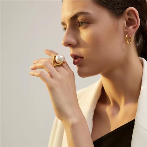 OIDIMS Exaggerated Pearl Statement Band Ring Stainless Steel Y Shaped Unique Style Big Rings Personalized Finger Comfort Fit Jewelry for Women Fashion Gift Birthday Xmas - size: 6