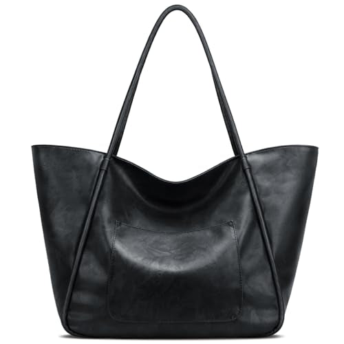 KKXIU Large Tote Bag for Women with Zipper Work Leather Travel Purse and Handbags - color: Black02