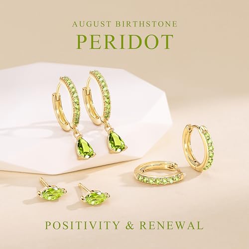 14K Gold Plated Small Huggie Hoop Earrings Set for Women, Hypoallergenic Dainty Sterling Silver Dangle Studs for Cartilage Helix, Lightweight Trendy Cute Stack Birthstone Jewelry Gift - color: 08_Peridot_Aug_Gold