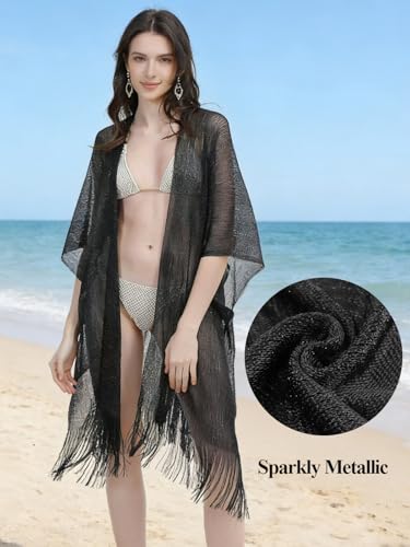 Sparkle Metallic Evening Shawls for Women formal Party Dresses Beach Travel Cardigan Shawl Wrap for Swimsuit - color: I-black