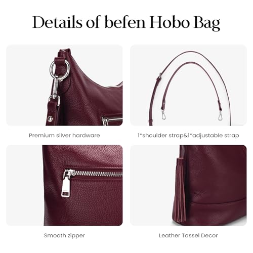 Genuine Leather Hobo Crossbody Bag for Women, Soft Real Leather Bucket, Shoulder Handbag Purse with 2 Removable Strap - color: Burgundy