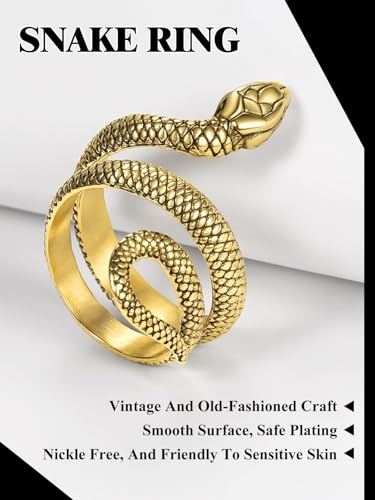 Stainless Steel/18K Gold Plated/Black Snake Ring for Men Women Size 7-12 Serpent Reptile Rings Punk Gothic Jewelry(with Gift Box) - color: 02-Gold Plated