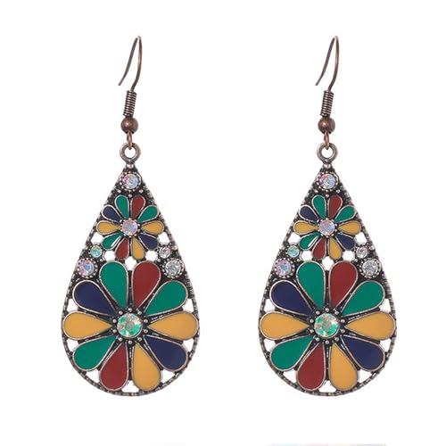 coadipress Bohemian Flower Teardrop Earrings for Women Trendy Vintage Colorful Hollow Out Flower Floral Dangle Earrings Bohemian Handmade Ethnic Statement Jewelry - color: Green Red