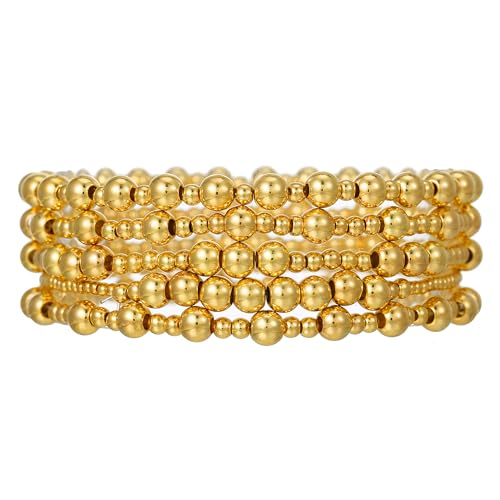 Gold Bracelets for Women 14K Gold Plated Beaded Non Tarnish Bracelets Stretch Bead Ball Bracelet Stack Set Jewelry for Gifts - color: B SET 5PC