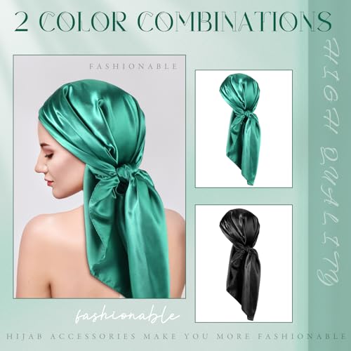 SATINIOR 35 Inch Silky Head Scarf 2 Pcs Large Square Neck Scarf Sleeping Hair Wrapping Satin Bandana for Women - color: Black, Dark Green, style: Classic