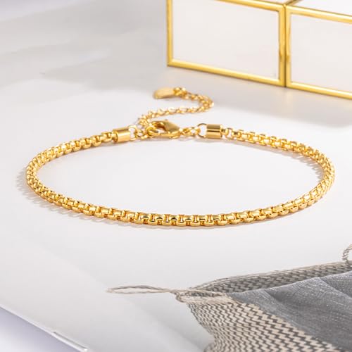 Dankadi Women 925 Sterling Silver Anklets Bracelet Men Simple Chopin/Box Chain/Twist Rope Chain Summer Beach Foot 24k Gold Plated Jewelry Gift - color: Box Chain Gold, size: 30cm