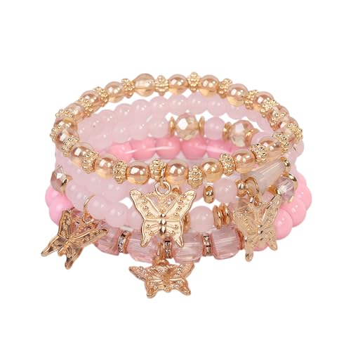 LOTSOF Boho Flower Beaded Bracelet Set for Women - Multilayer Crystal & Flower Charm Stackable Bracelets, Fashion Jewelry Gift for Her - color: Pink Butterfly