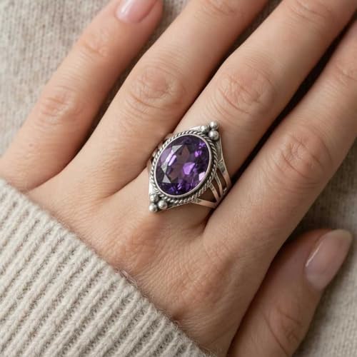 Handmade 925 Sterling Silver Plated Ring Natural Gemstone Carnelian, Rose Quartz, Tiger Eye, Crystal Oval Boho Jewelry For Women - color: Amethyst Quartz