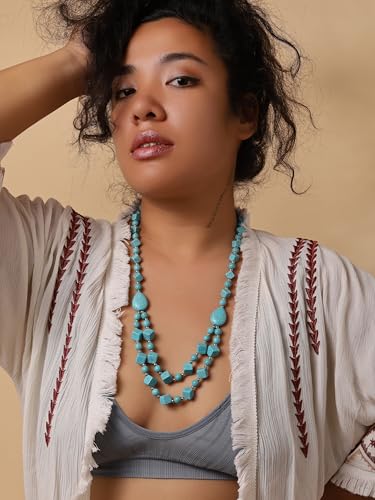 MINACHI Boho Created Turquoise Bead Long Strand Necklace, Bohemian Statement Jewelry Gift for Women - color: S01A