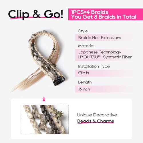 REECHO Clip in Braids for Women, 16" Boho Dreadlock Clip in Braids with Beads & Charms, 2PCS Synthetic Braided Hairpieces for Music Festival Season Cosplay Daily, Ash Blonde & Mixed Brown - color: Ash Blonde & Mixed Brown, size: 16 Inch