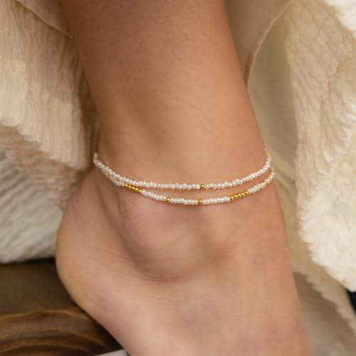 Boho Gold Anklet Bracelets for Women, Waterproof Beach Layered Pearl Beaded Turquoise Anklets Set Handmade Jewelry Gift - color: STYLE1