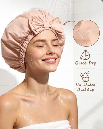 Yanibest Shower Cap Reusable Waterproof, Wide Elastic Band Bath Cap - Comfortable & Durable Bath Hair Hat for Women - color: Peachy Pink