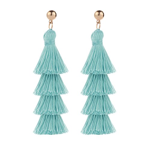 BaubleStar Tassel Earrings Handmade Tiered Thread Tassel Dangle Earrings, Multi Colors - color: Turquoise